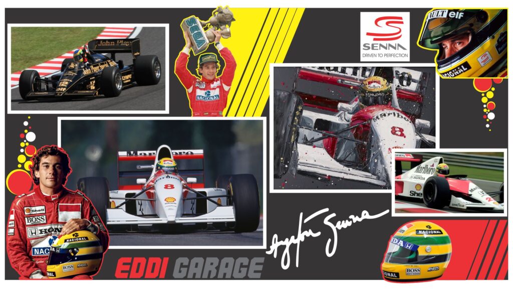 adesivo impresso com arte em homenagem ao Ayrton Senna para loja do Eddi Garage Customs