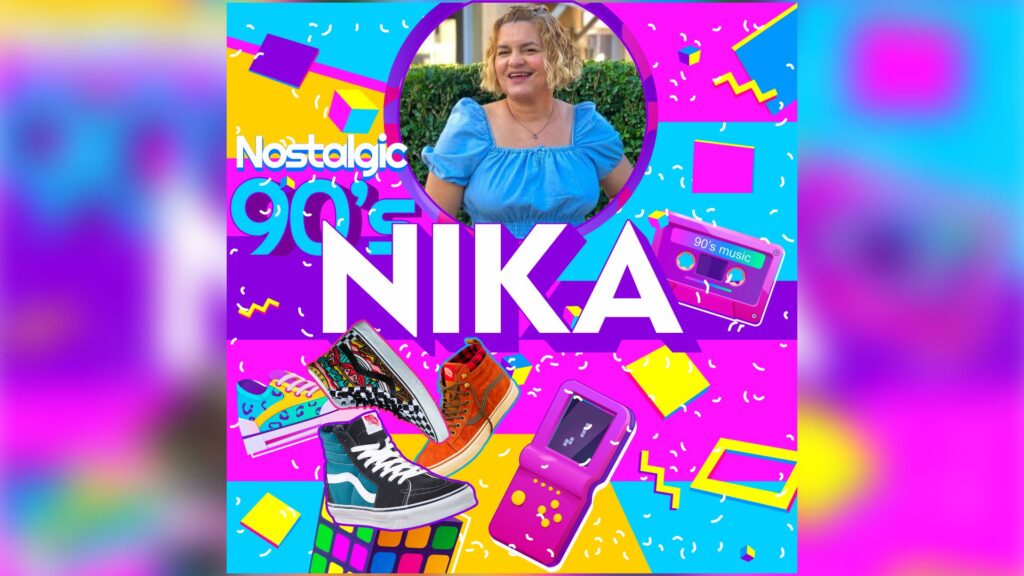 arte de banner para festa com o tema dos anos 90 - arte bem colorida com varios elementos simbolizando os anos 90 com tenis vans - fita cassete - mini game - cubo mágico