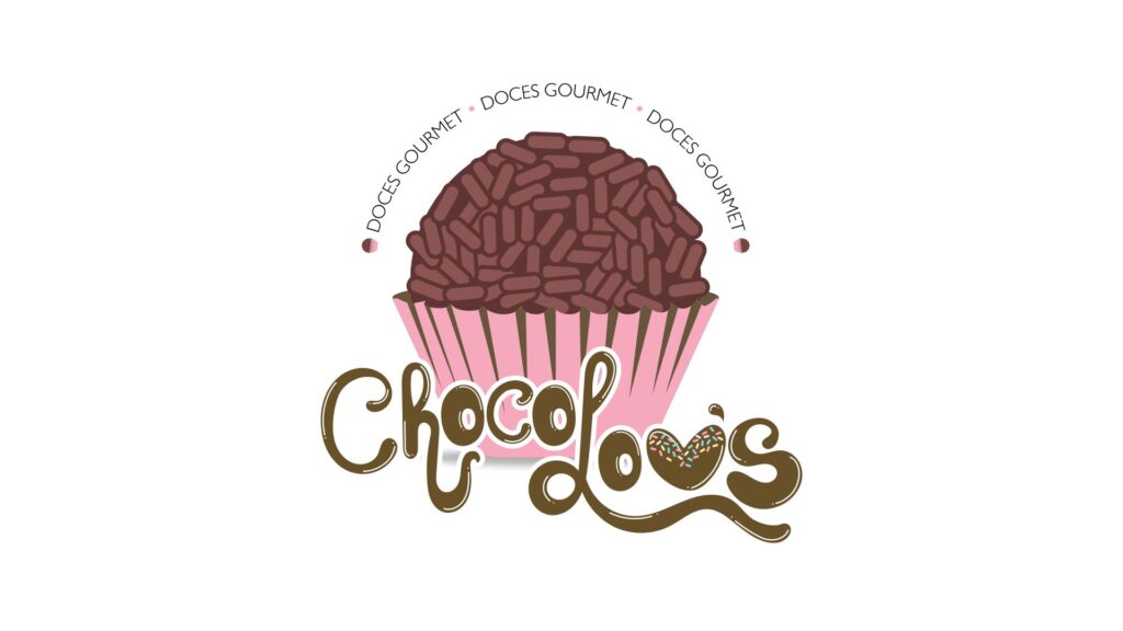 arte de logomarca para a empresa ChocoLovs - arte com brigadeiro ao centro e nome na parte inferior nas cors rosa e marrom simbolizando o chocolate