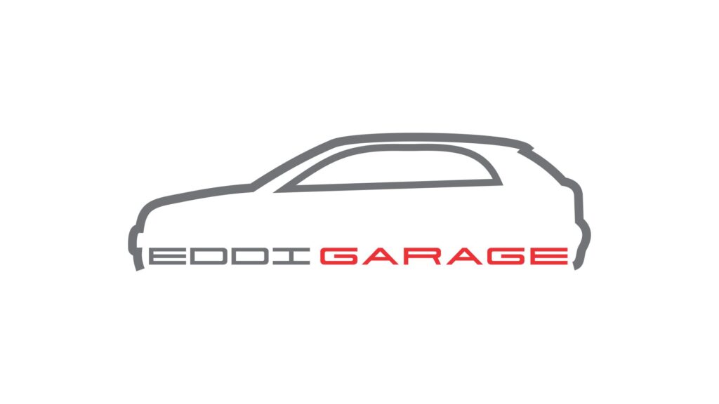 arte para adesivo de recorte para a empresa eddi garage com silhuete de carro e o nome da parte inferior eddi garage
