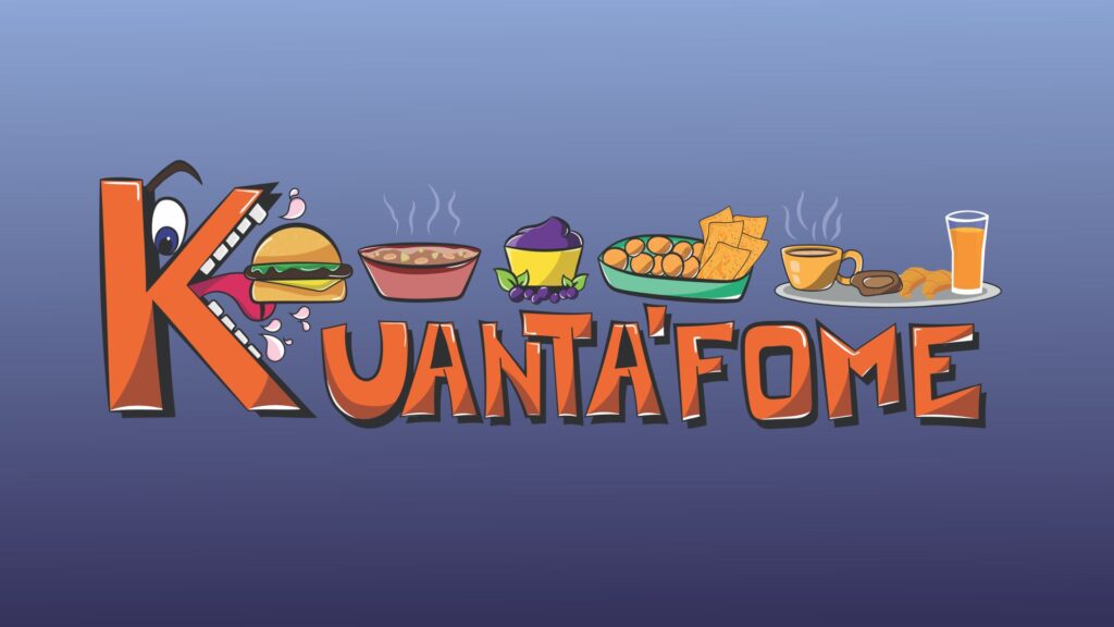 arte para adesivo impresso com fundo degrade em azul com logomarca na frente escrito kuantafome no estilo cartoon com a letra K com boca aberta