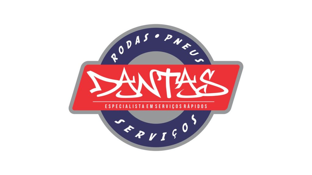 arte para adesivo impresso com recorte para a empresa dantas rodas e pneus - arte com fundo azul circular nome ao centro e serviços em volta circular