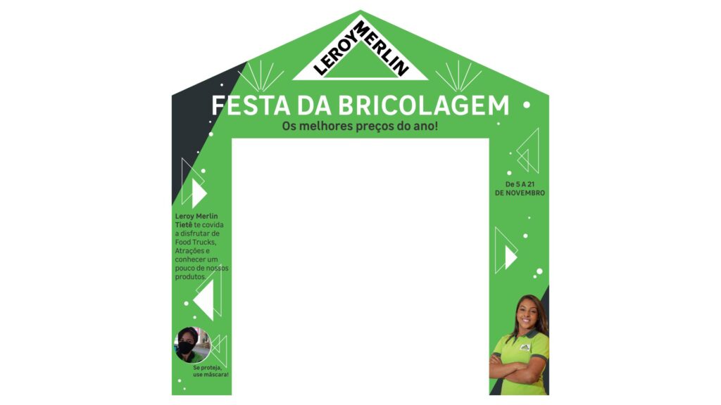 arte para adesivo impresso para empresa Leroy Merlin com formato de entrada de porta na cor verde com dizer festa da bricolagem