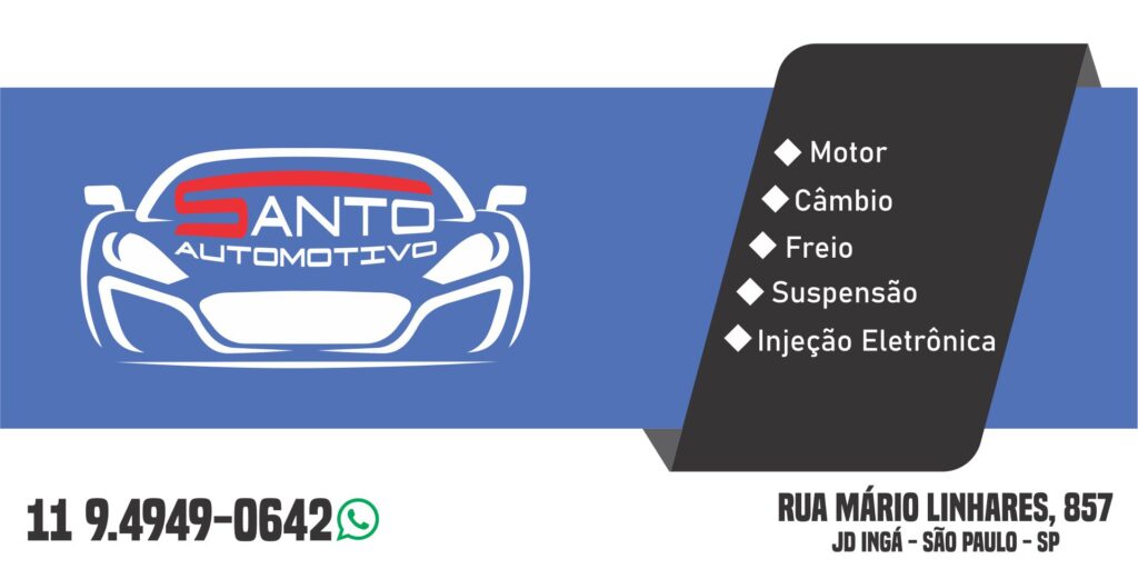 arte para faixada com frente de carro a esquerda com nome santo automotivo e a direita faixa preta com os serviços prestados
