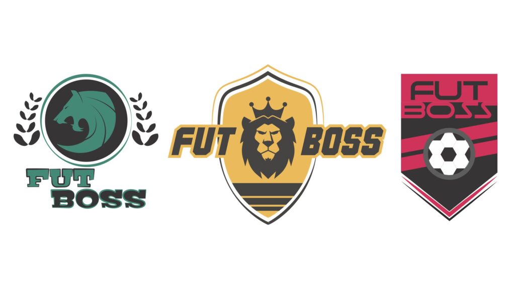 conceito de arte para logo de canal do youtube com o nome futboss - arte com leão ao centro e nome em volta