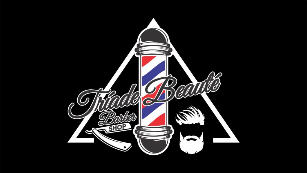 logo de barbearia triade beaute barber shop com triangulo de fundo e bastao luminoso colorido na frente e silhueta de homem com barba