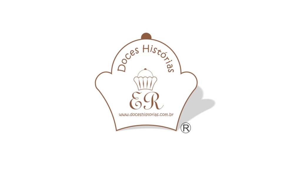 logomarca da empresa doces historias - com logo no formate de um brigadeiro com o nome arquiado na parte superior e logo menor ao centro - logo branco com contorno marrom