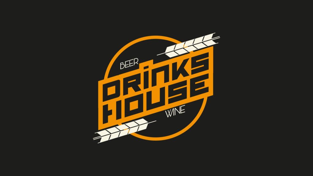 logomarca para e-commerce de bebidas artesanais com o nome de drinks house - logo laranja com o nome inclinado e duas formas de cevada uma na parte superior e outra na parte inferior