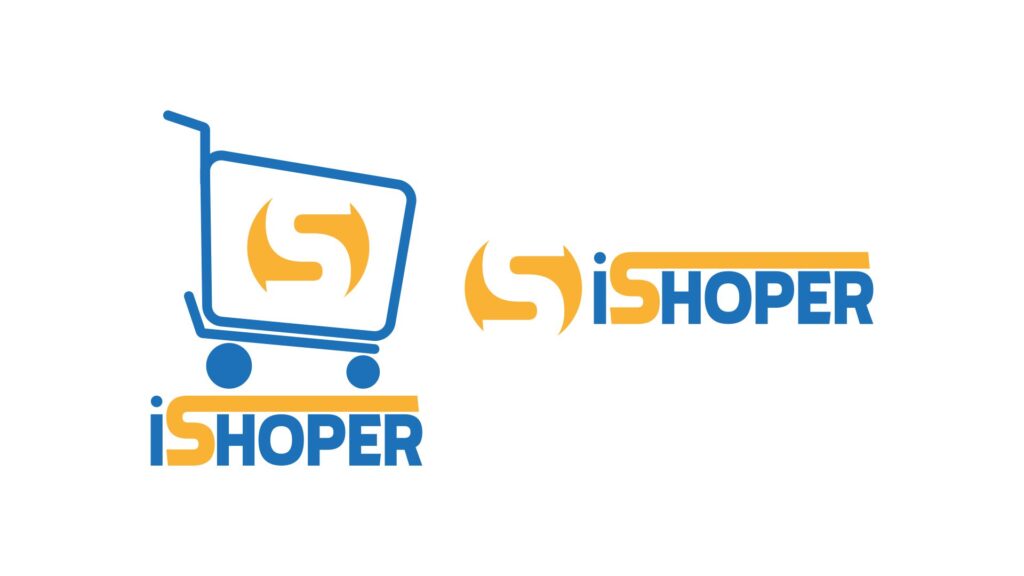logomarca para e-commerce de produtos variados com o nome de ishoper - logo com forma de carrinho de mercado com o nome da parte inferior e a letra S ao cento do carrinho
